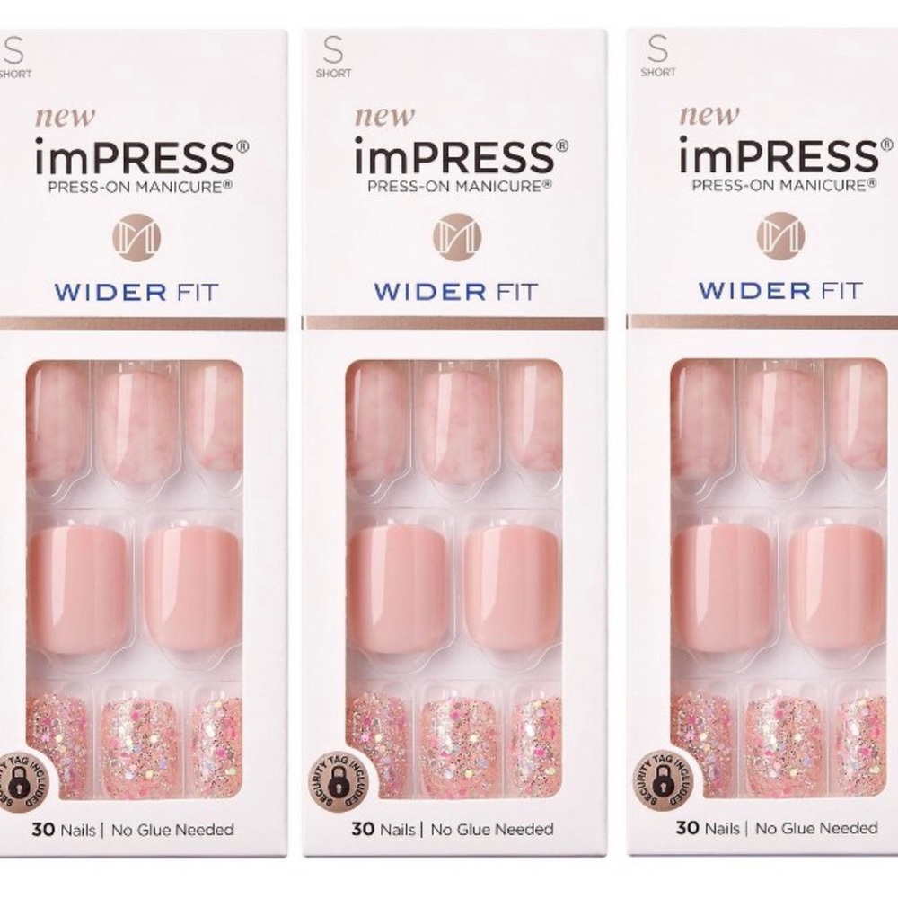 ImPress Press-On Pink & Pink Glitters Short Length Wider Fit Nails x 3 Packs!